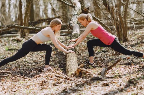 Side view of young female athletes in activewear stretching legs together using fallen tree during fitness workout in spring forest adhering to healthy lifestyle